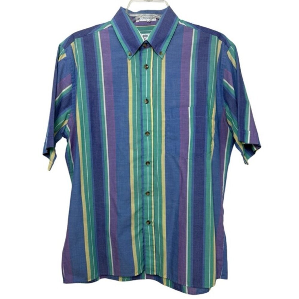Vintage 90s Striped Multicolor Button Down Shirt Size Medium Retro Preppy